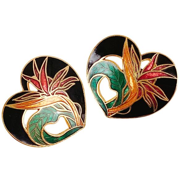 Vintage 1980s Cloisonné Heart Earrings Gold Tone Enamel Floral Post Tropical - Picture 1 of 9